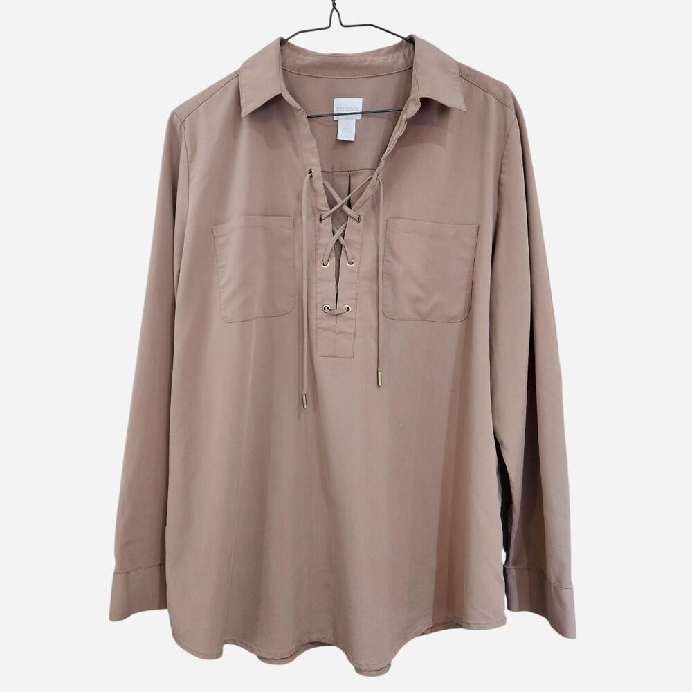 boho hippie Chico's tan lace up tunic modal popover